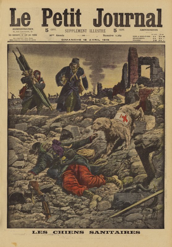 Använder räddningshundar för att söka efter skadade, Frankrike, första världskriget, 1915 av Louis Charles Bombled