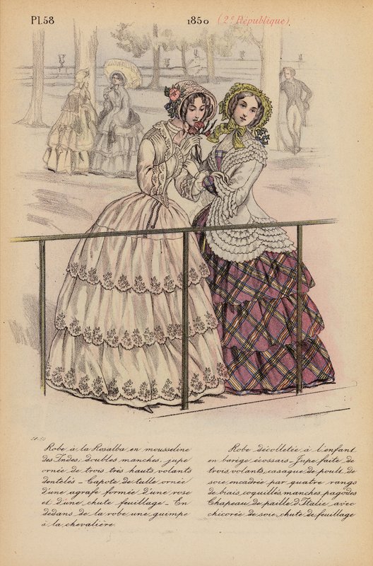 Franskt mode: 1850, 2e Republique (färglitografi) av Louis Colas