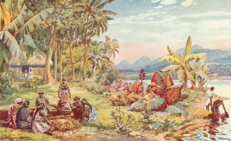 Scen på Tahiti (färg litho) av Louis Fairfax Muckley