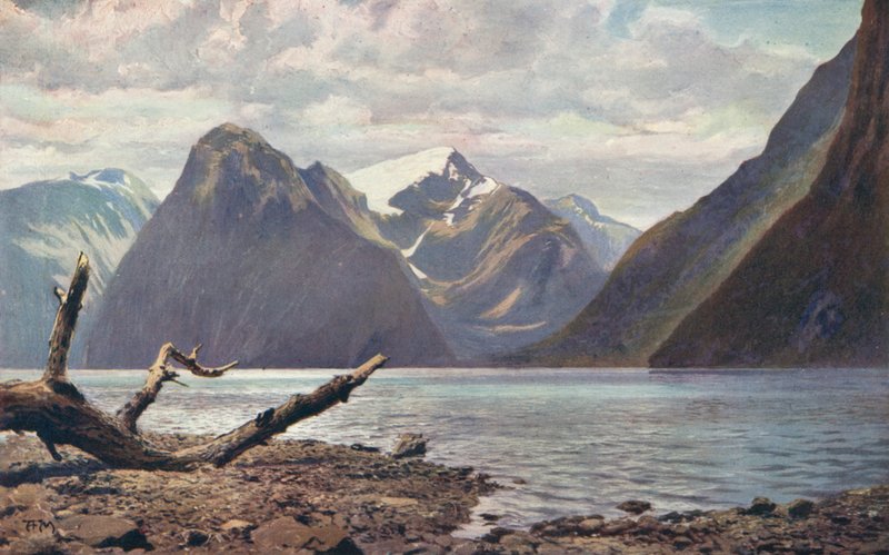 Scen på Milford Sound, Nya Zeeland (färgfoto) av Louis Fairfax Muckley