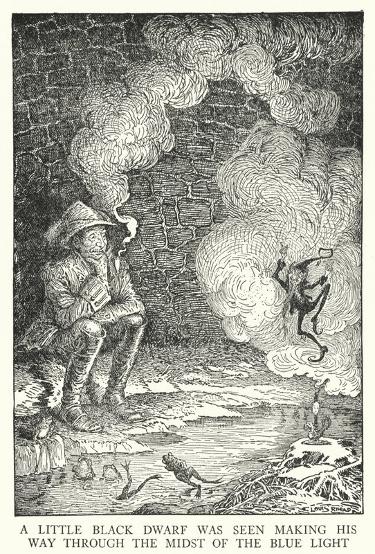 En liten svart dvärg sågs ta sig fram mitt i det blå ljuset (litho) av Louis John Rhead
