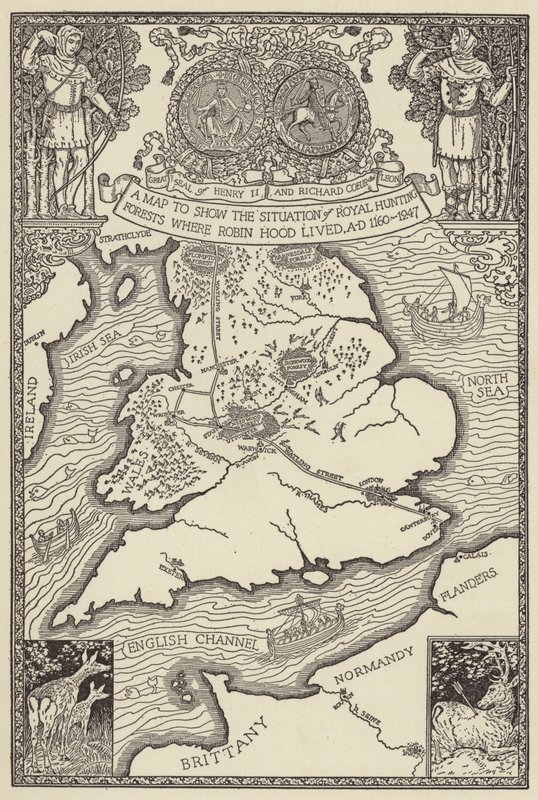 En karta för att visa situationen för Royal Hunting Forests där Robin Hood bodde, AD 1160-1247 av Louis John Rhead