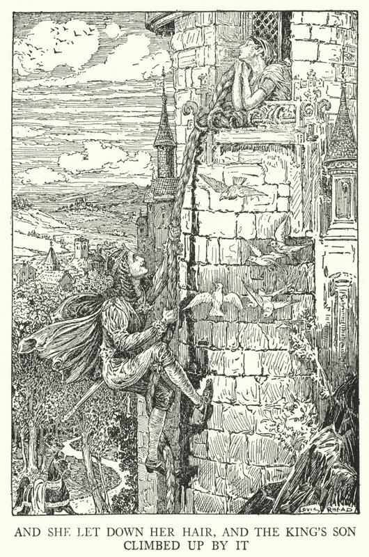 Och hon släppte sitt hår, och kungasonen klättrade upp vid det (litho) av Louis John Rhead