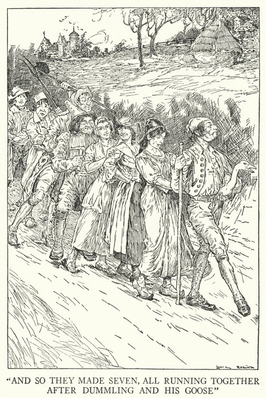 "Och så gjorde de sju, alla sprang tillsammans efter Dummling och hans gås" (litho) av Louis John Rhead