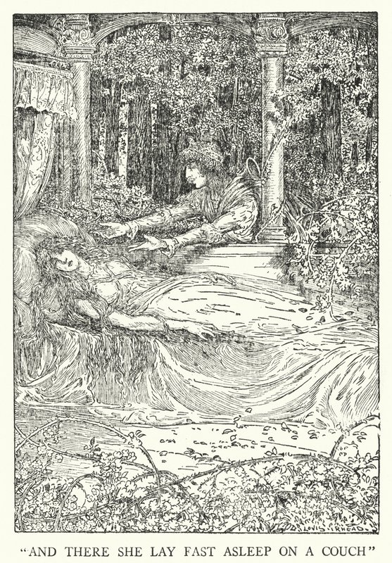 "Och där låg hon och sov på en soffa" (litho) av Louis John Rhead