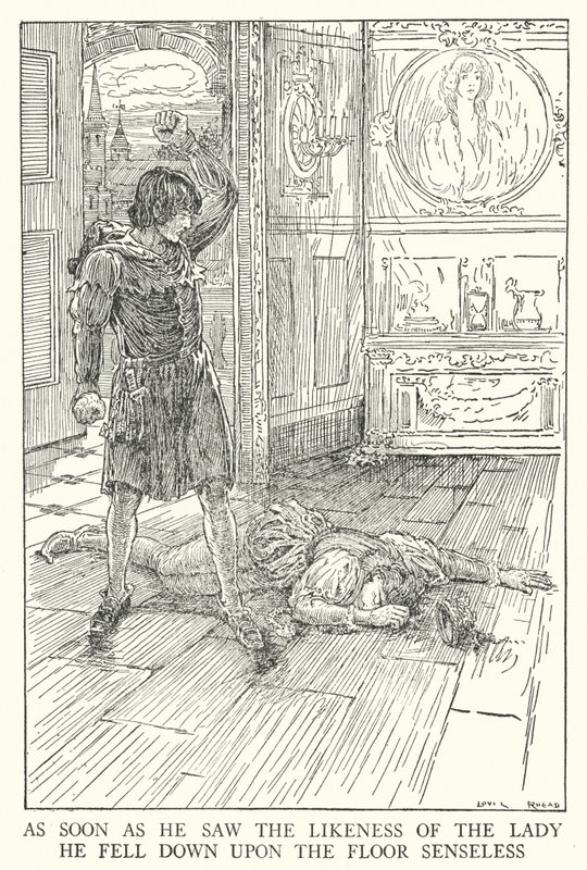 Så fort han såg kvinnans likhet föll han ner på golvet sanslöst (litho) av Louis John Rhead