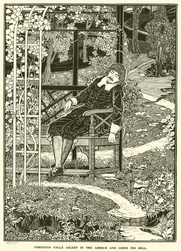 Christian somnar i bersån och tappar sin rulle (gravyr) av Louis John Rhead