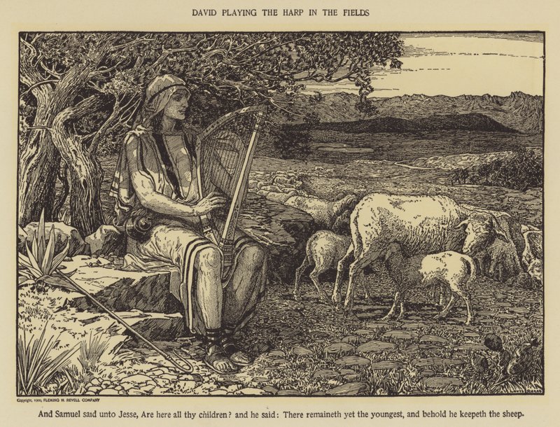 David spelar harpa på fälten av Louis John Rhead