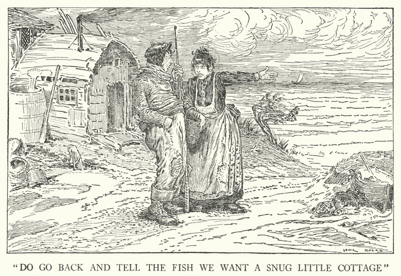 "Gå tillbaka och säg till fisken att vi vill ha en mysig liten stuga" (litho) av Louis John Rhead