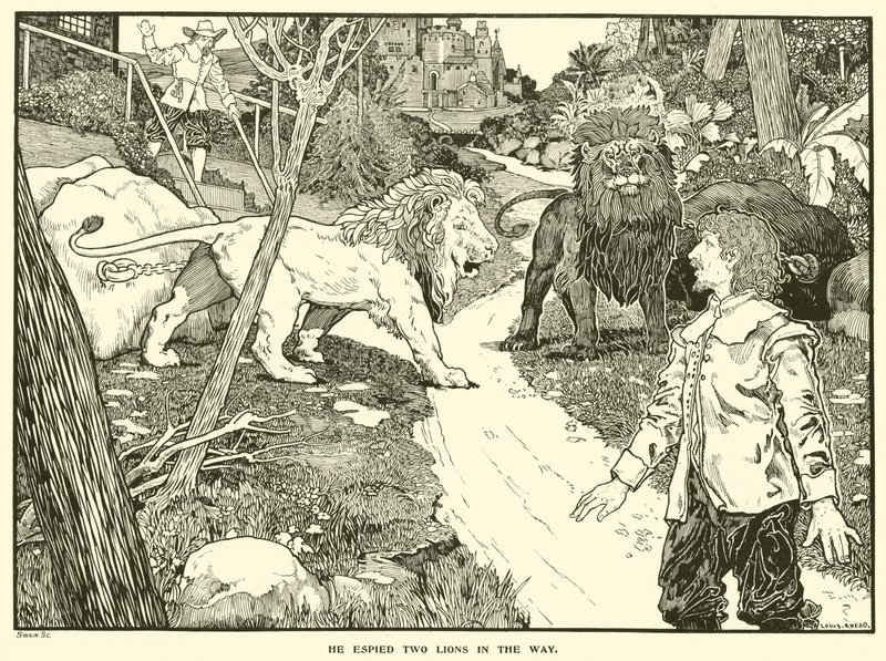 Han spanade två lejon i vägen (gravyr) av Louis John Rhead