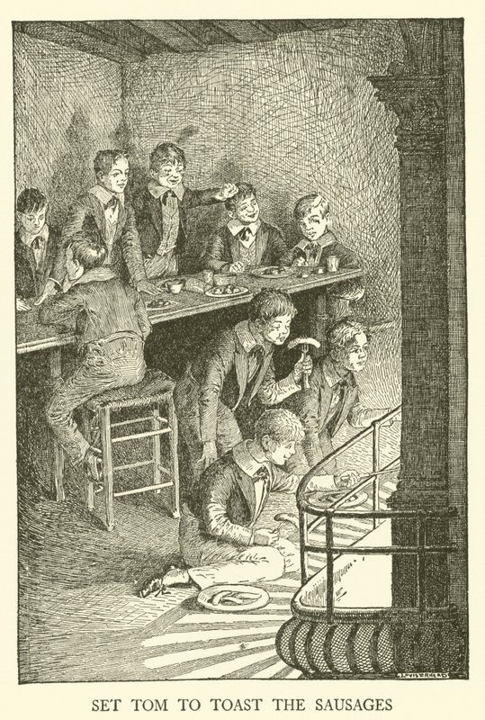 Illustration för Tom Browns skoldagar (gravyr) av Louis John Rhead