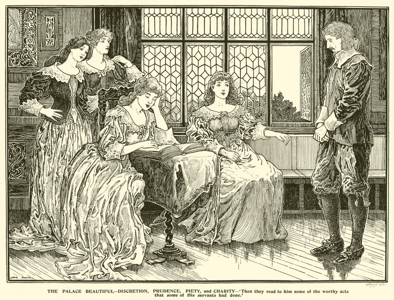 Palatset vackert, diskretion, försiktighet, fromhet och välgörenhet (gravyr) av Louis John Rhead