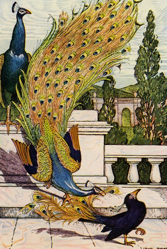 Påfågeln och skatan (färglitografi) av Louis John Rhead