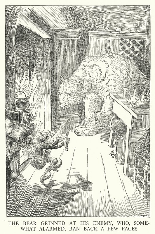 Björnen flinade mot sin fiende, som, något oroad, sprang tillbaka några steg (litho) av Louis John Rhead