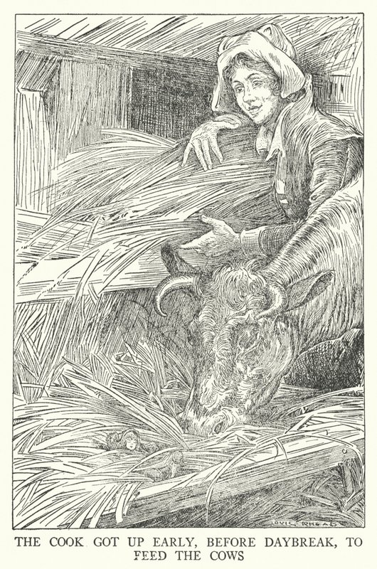 Kocken gick upp tidigt, innan det började gry, för att mata korna (litho) av Louis John Rhead