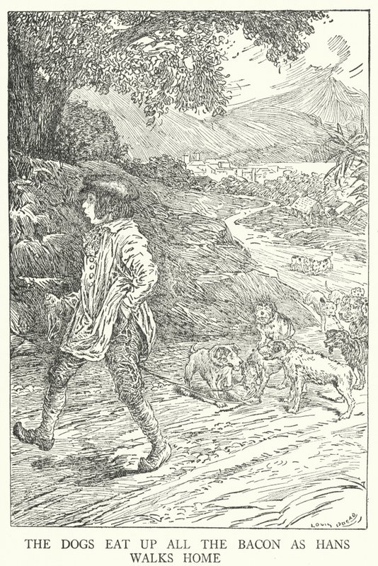Hundarna äter upp allt bacon när Hans går hem (litho) av Louis John Rhead