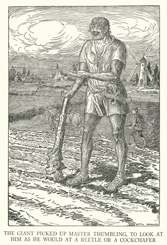 Jätten tog upp Master Thumbling för att titta på honom som han skulle på en skalbagge eller en cockchafer (litho) av Louis John Rhead