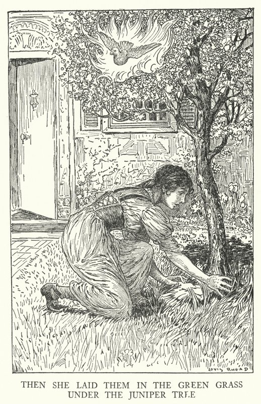 Hon lade dem i det gröna gräset under enbärsträdet (litho) av Louis John Rhead