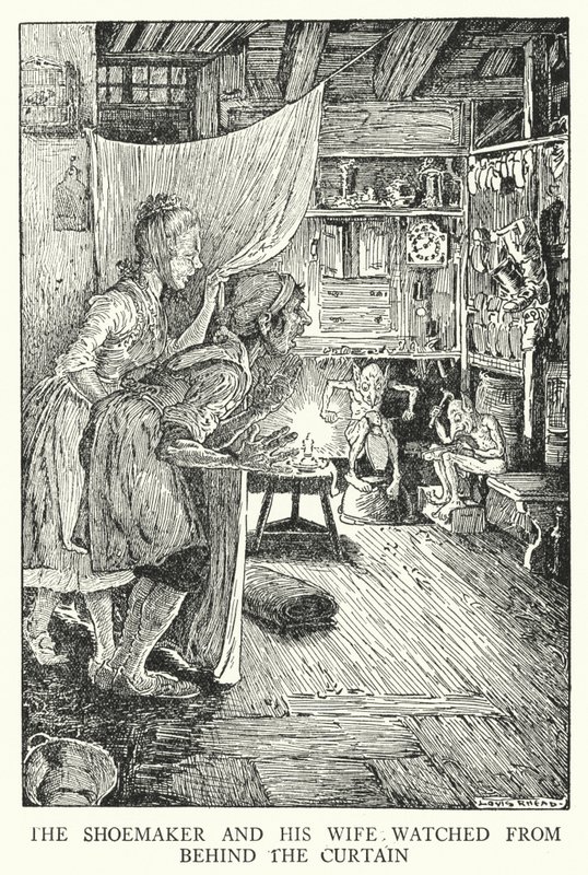 Skomakaren och hans fru tittade bakom gardinen (litho) av Louis John Rhead