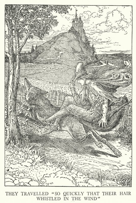 De reste "så snabbt att deras hår visslade i vinden" (litho) av Louis John Rhead