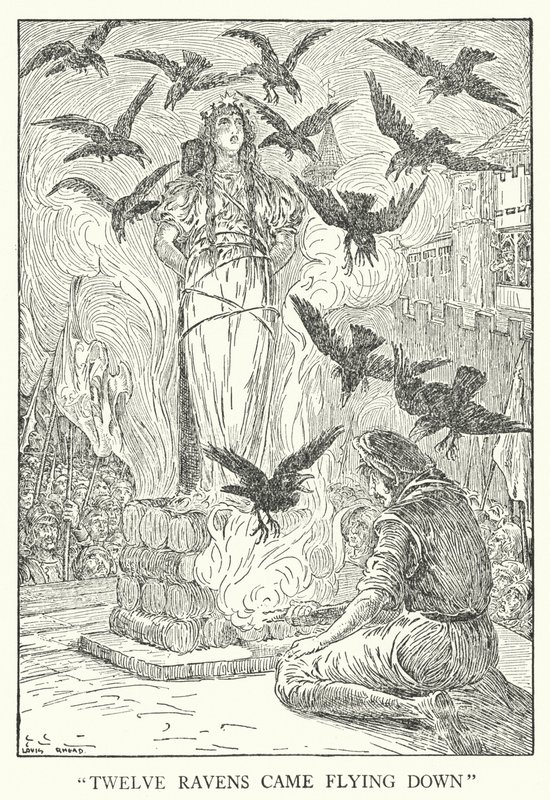 "Tolv korpar kom flygande ner" (litho) av Louis John Rhead