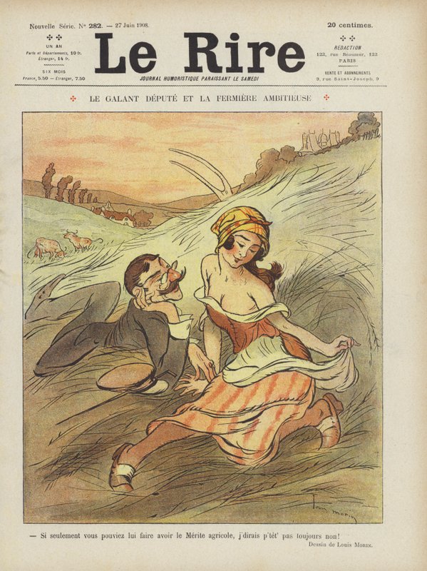 Den galante ställföreträdaren och den ambitiösa bondflickan. Illustration för Le Rire av Louis Morin