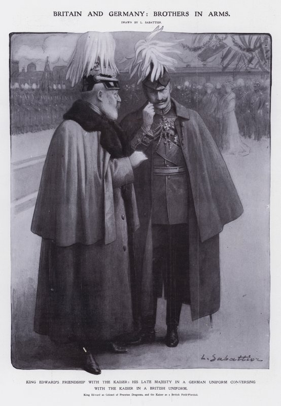 Kung Edward VII klädd som överste av de preussiska dragonerna och kejsaren Wilhelm II klädd som brittisk fältmarskalk (litho) av Louis Remy Sabattier