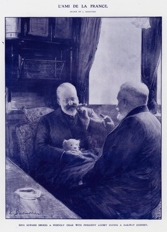 Kung Edward VII på tågresa med Frankrikes president Emile Loubet (litho) av Louis Remy Sabattier