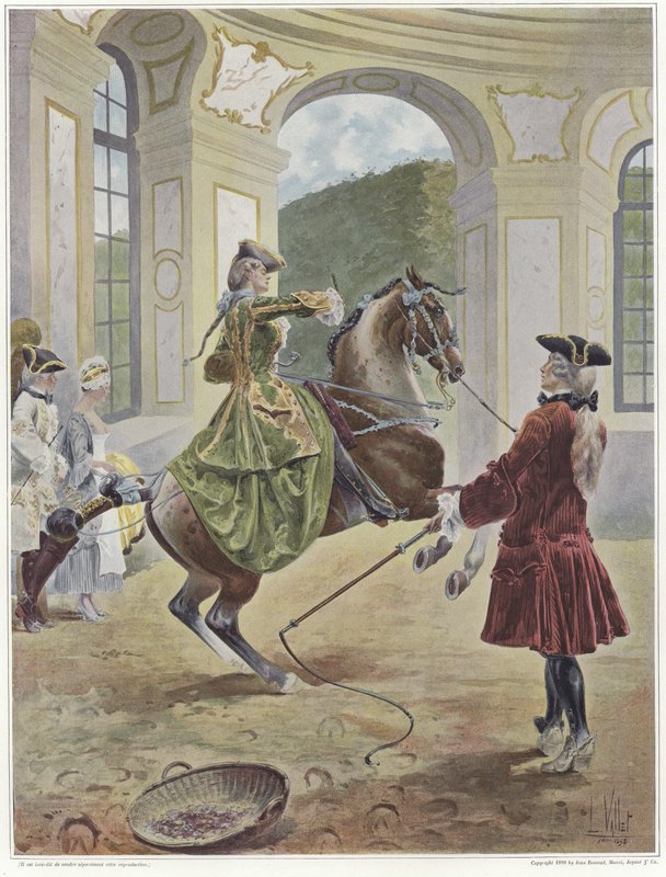 En kvinna som rider på en häst som reser sig framför en man som håller i en piska av Louis Vallet