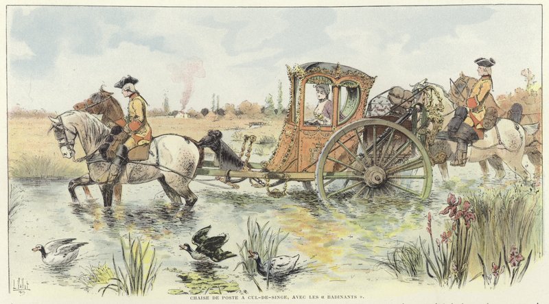 En kvinna som åker i en häst och vagn när den färdas genom en flod av Louis Vallet