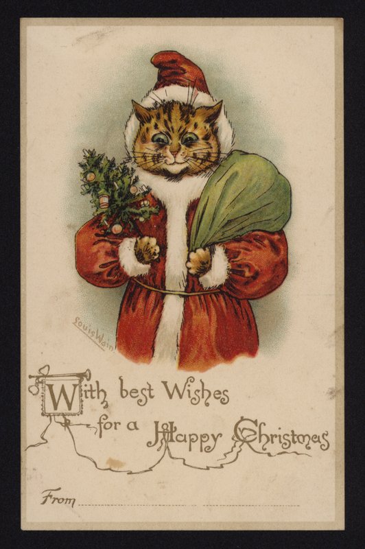 Katt som jultomten, julhälsningskort (chromolitho) av Louis Wain