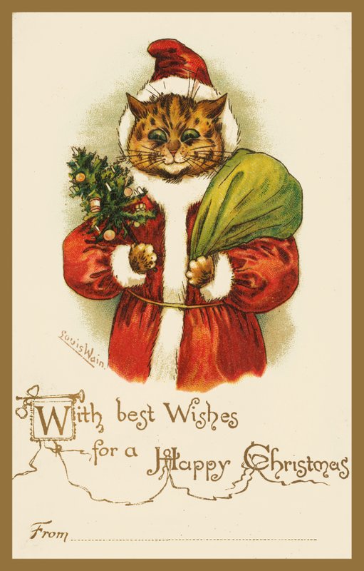 Katt som bär en jultomtsdräkt (chromolitho) av Louis Wain