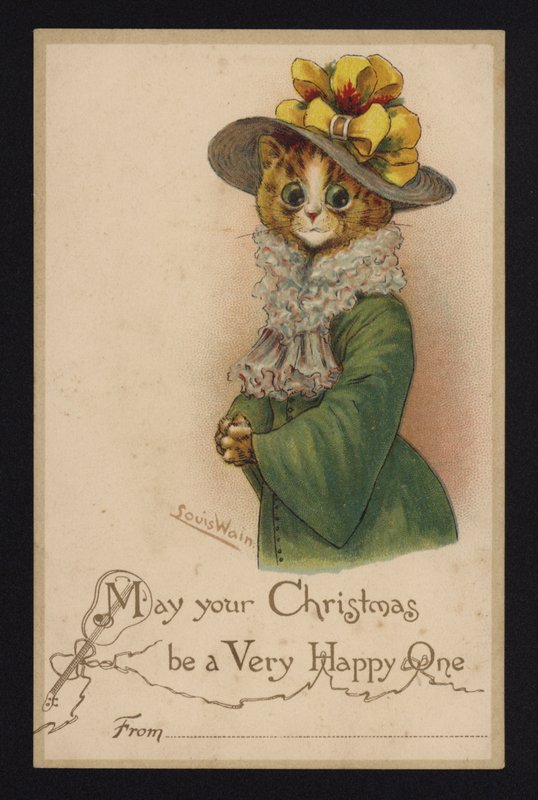 Katt som bär en kvinnas hatt och kappa, julhälsningskort (chromolitho) av Louis Wain