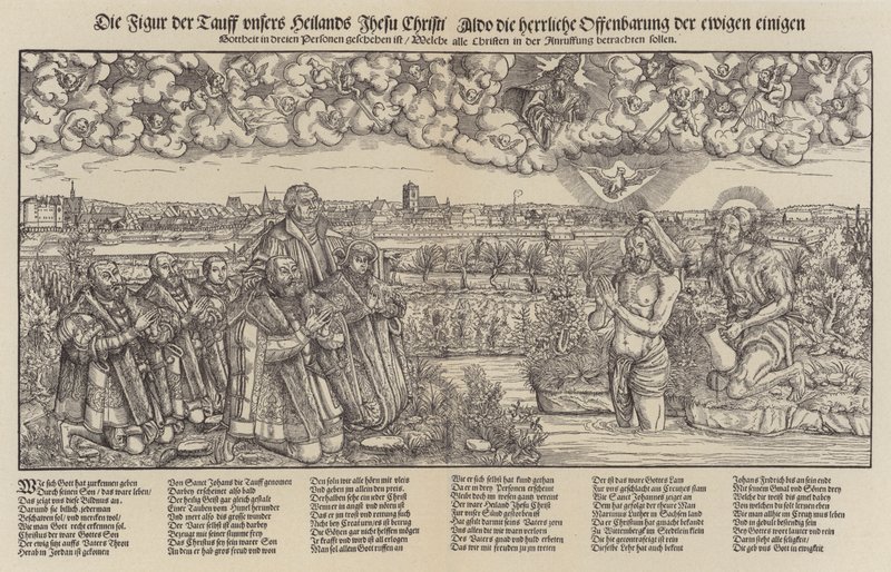 Fredrik III, kurfurst av Sachsen och Martin Luther bevittnar Kristi dop (gravyr;) av Lucas the Elder (after) Cranach