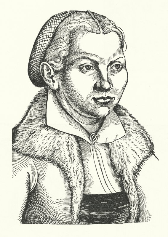 Katharina von Bora, hustru till den tyske protestantiska reformatorn Martin Luther (gravyr) av Lucas the Elder (after) Cranach