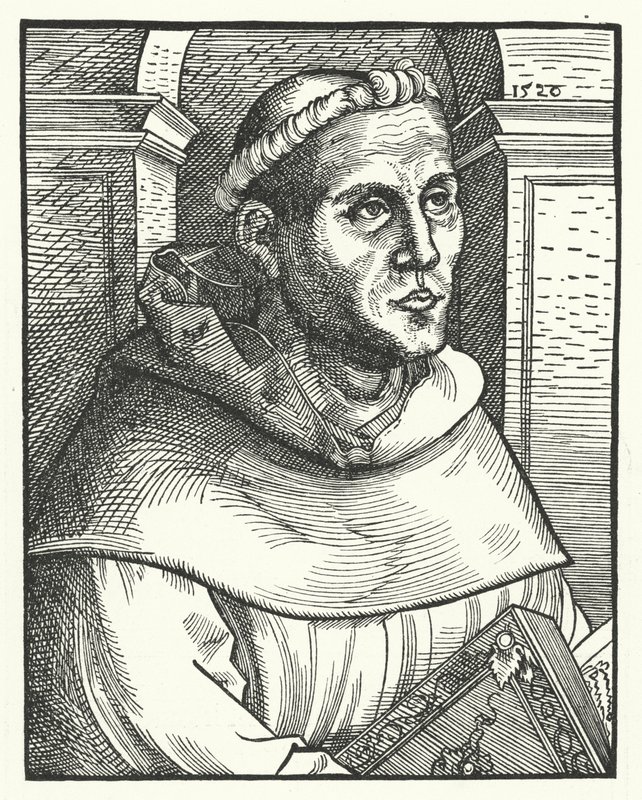 Martin Luther som en augustinermunk (gravyr) av Lucas the Elder (after) Cranach