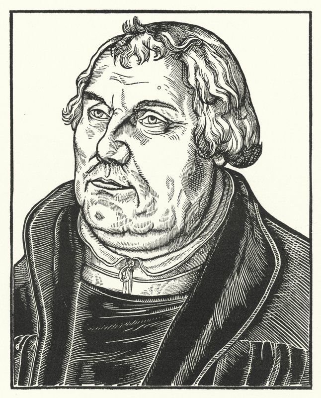 Porträtt av den tyske protestantiska reformatorn Martin Luther senare i livet (gravyr) av Lucas the Elder (after) Cranach
