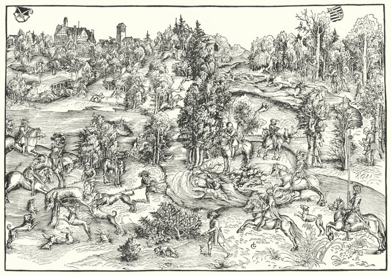 Hjortsjakt i en rådjurspark eller landskap (gravyr) av Lucas the Elder (after) Cranach