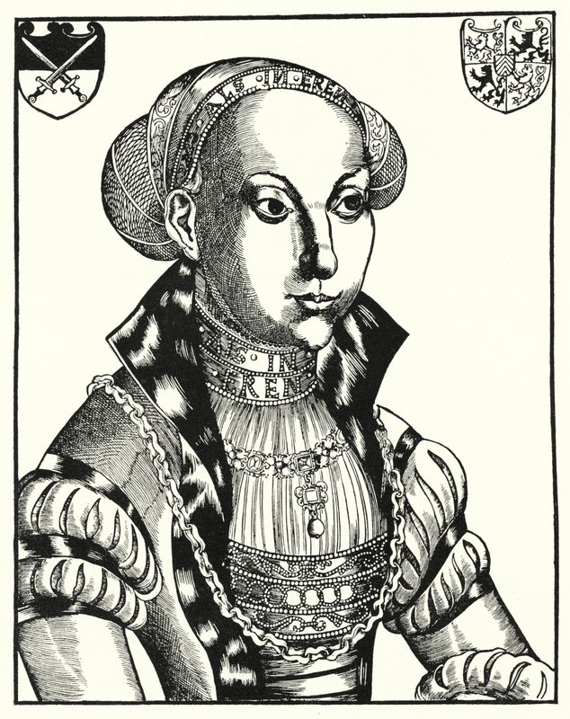 Sybille of Cleves, gemål till John Frederick I, kurfurst av Sachsen (gravyr) av Lucas the Elder (after) Cranach