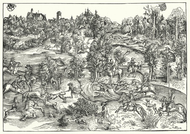 Stag Hunt (gravyr) av Lucas the Elder (after) Cranach