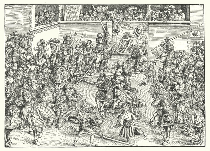 Turneringen med Simsons och lejonets gobeläng (gravyr) av Lucas the Elder (after) Cranach