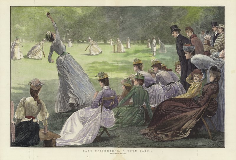 Lady Cricketers: A Good Catch (färgad gravyr) av Lucien Davis