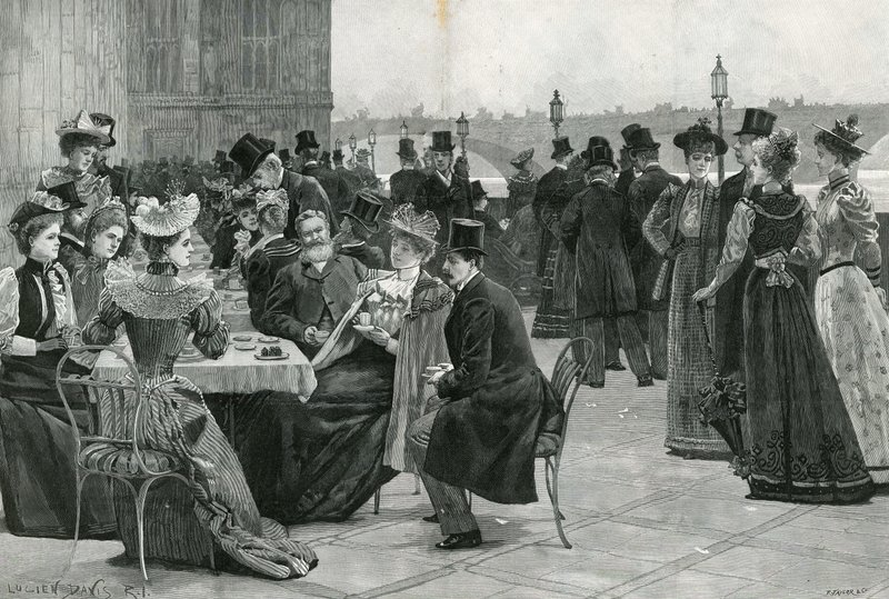 Det brittiska underhuset: Te på terrassen (litografi) av Lucien Davis