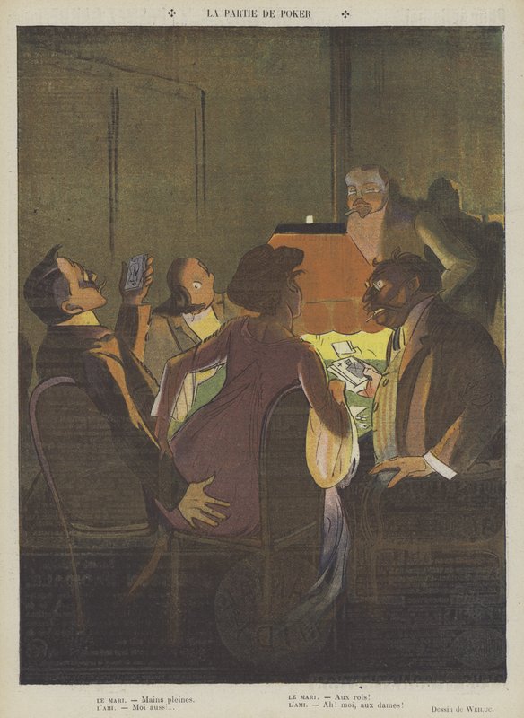 Pokerspelet (färg litho) av Lucien Henri Weiluc