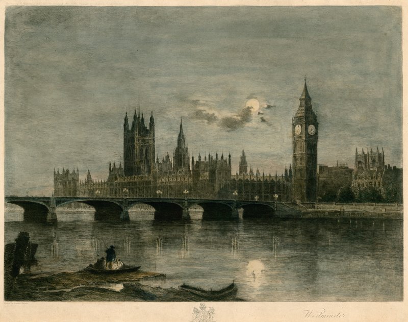 Westminster på natten färgad gravyr av Lucien Marcelin Gautier