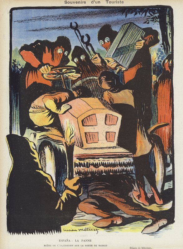 Satir över motorracet Paris-Madrid 1903. Illustration för Le Rire av Lucien Metivet