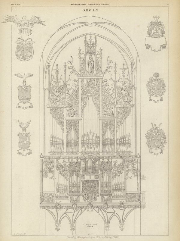 Orgel från Mariakyrkan, Lubeck, Tyskland (gravyr) av Ludwig Gruner