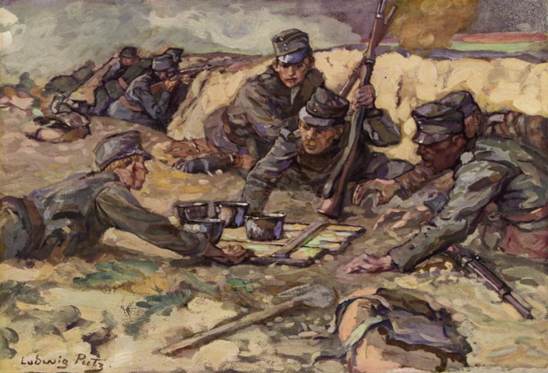 Förfriskningar från fältköket under strid i skyttegravarna (färg litho) av Ludwig Putz