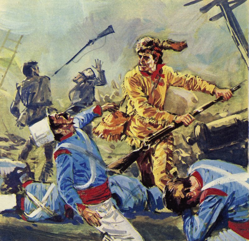 Davy Crockett föll till slut för de oavbrutna mexikanska attackerna (färglitografi) av Luis Arcas Brauner