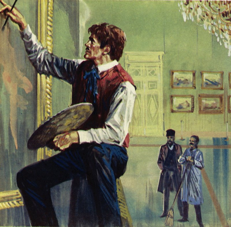 Delacroix arbetar på sin duk på Parissalongen (färglitografi) av Luis Arcas Brauner